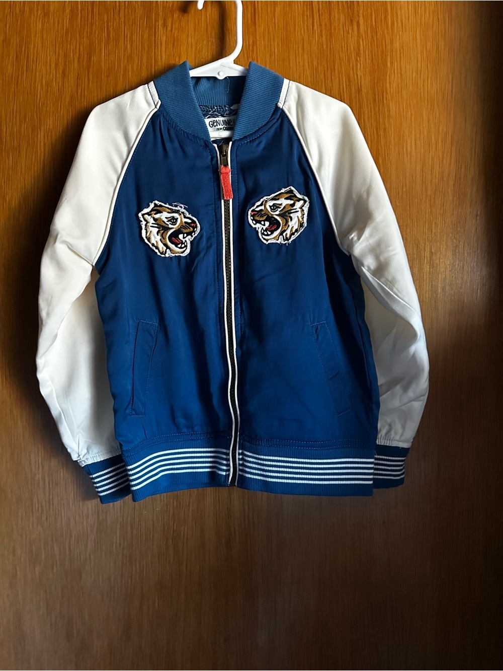 Navy & White Kids Bomber Jacket with Tiger Patches